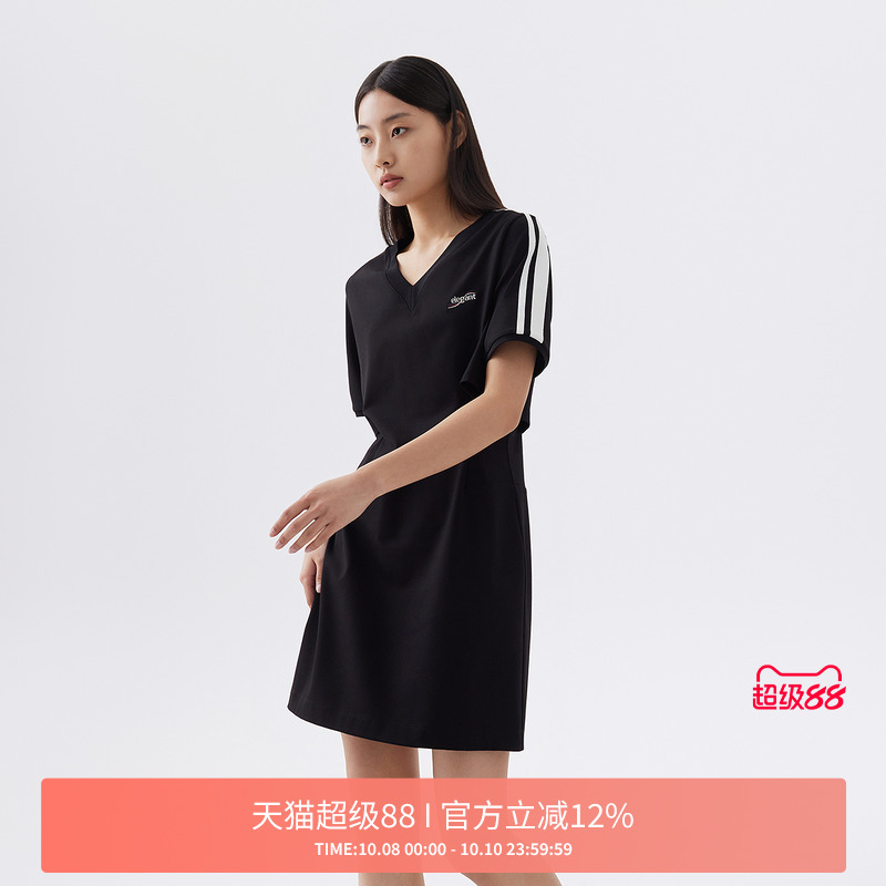 FIVE PLUS连衣裙女短袖V领小黑裙子露腰设计感条纹2024新款女秋装