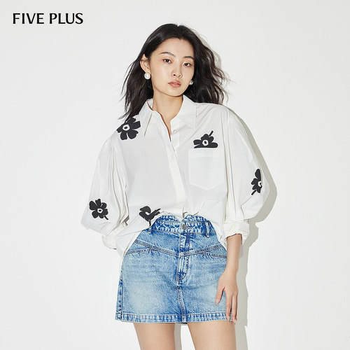 FIVE PLUS衬衫女上衣印花图案白衬衣灯笼袖设计感女夏装