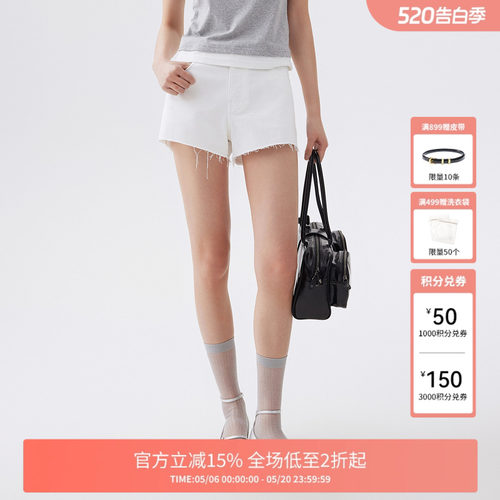 FIVE PLUS牛仔短裤女复古毛边高腰显瘦A字阔腿热裤女夏装
