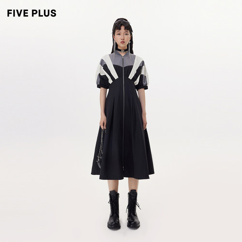 【FIVE PLUS 奥莱】连衣裙女运动棒球领高腰撞色拉链长裙子女春夏