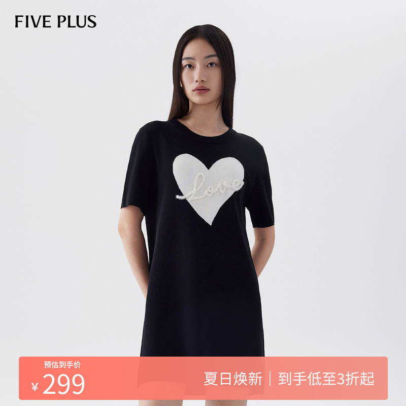 FIVE PLUS针织连衣裙女短袖直筒裙子宽松爱心减龄2024新款女秋装