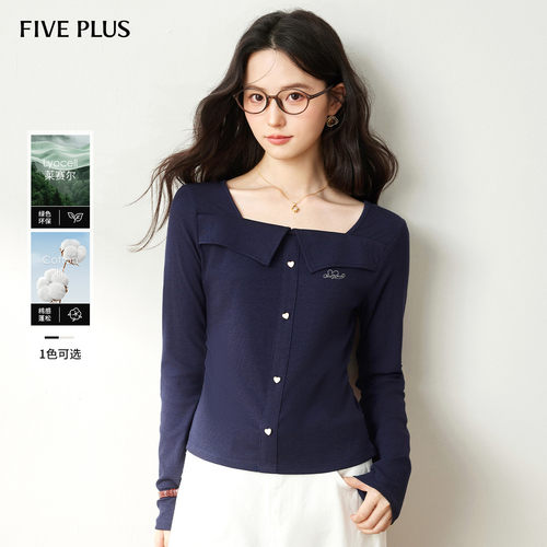 FIVE PLUS方领翻边莱赛尔长袖T恤心形假门襟扣修身刺绣打底女
