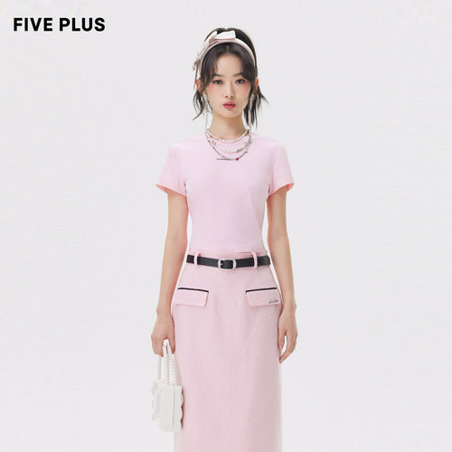 【FIVE PLUS 奥莱】T恤女气质短袖直筒圆领套头小众上衣棉质女