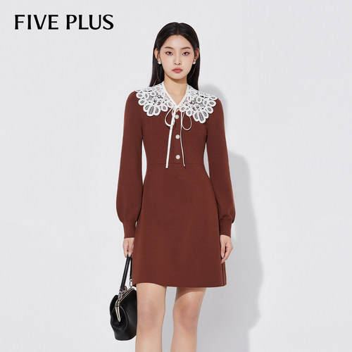FIVE PLUS连衣裙女针织裙蕾丝花边领短款法式A字裙女