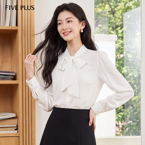 FIVE PLUS气质温柔蝴蝶结系带上衣莱赛尔透气轻薄长袖衬衫女