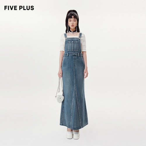 【FIVE PLUS 奥莱】连衣裙女复古牛仔高腰洗水开叉吊带长裙女春夏