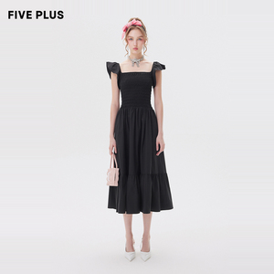【FIVE PLUS 奥莱】连衣裙女方领防紫外线UPF40+复古小黑裙