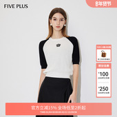 PLUS针织衫 女短袖 上衣套头衫 FIVE 圆领拼花朵徽章女夏装