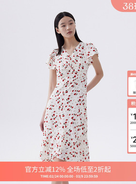 FIVE PLUS荷叶袖连衣裙女士V领印花中长裙子荷叶边高腰气质女夏装