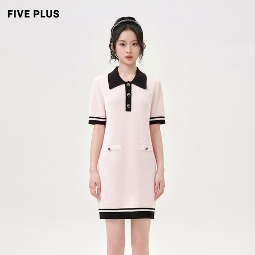 FIVE PLUS连衣裙女短袖针织宽松直筒T恤裙条纹翻领女春装