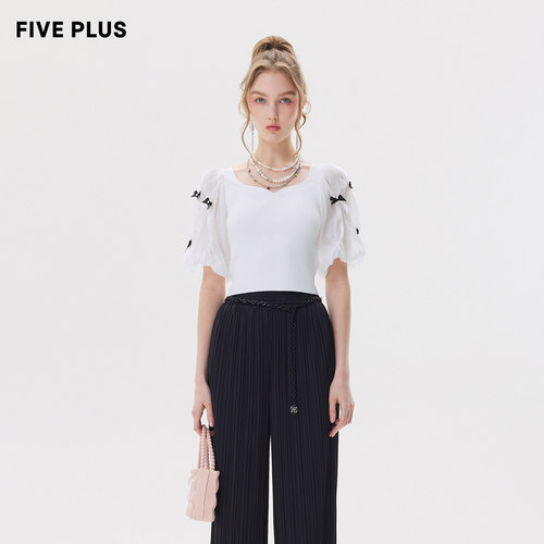 【FIVE PLUS 奥莱】针织衫女法式方领泡泡袖别致上衣套头衫女夏装