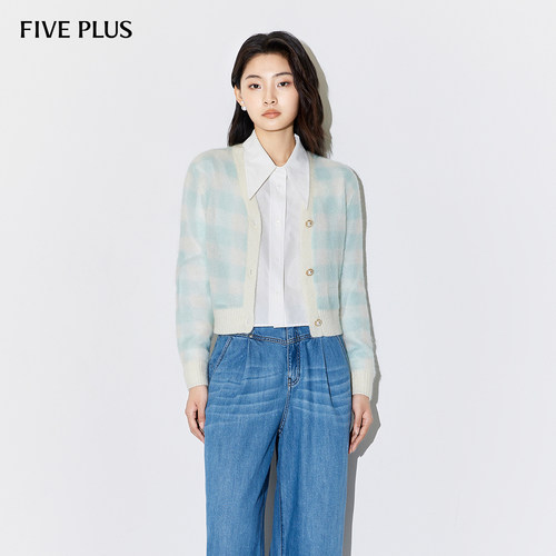 FIVE PLUS针织衫女毛衣含羊毛马海毛V领格子短开衫新款女
