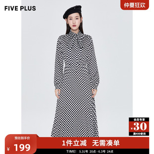 PLUS女春装 FIVE 复古棋盘格纹连衣裙女系带中长衬衫 裙子