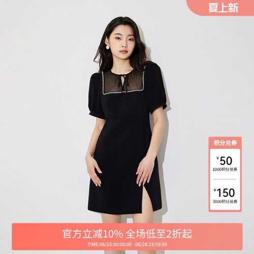 FIVE PLUS连衣裙女裙子法式复古泡泡袖收腰小黑裙新款女春装