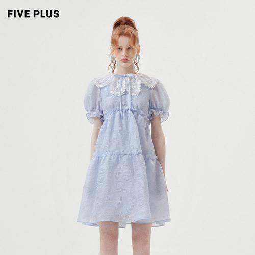 FIVEPLUS泡泡袖高腰花边连衣裙