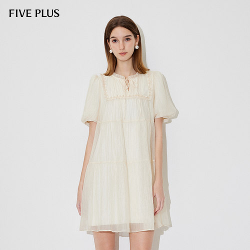 【FIVE PLUS 奥莱】连衣裙女泡泡袖花边圆领娃娃裙甜美减龄新款