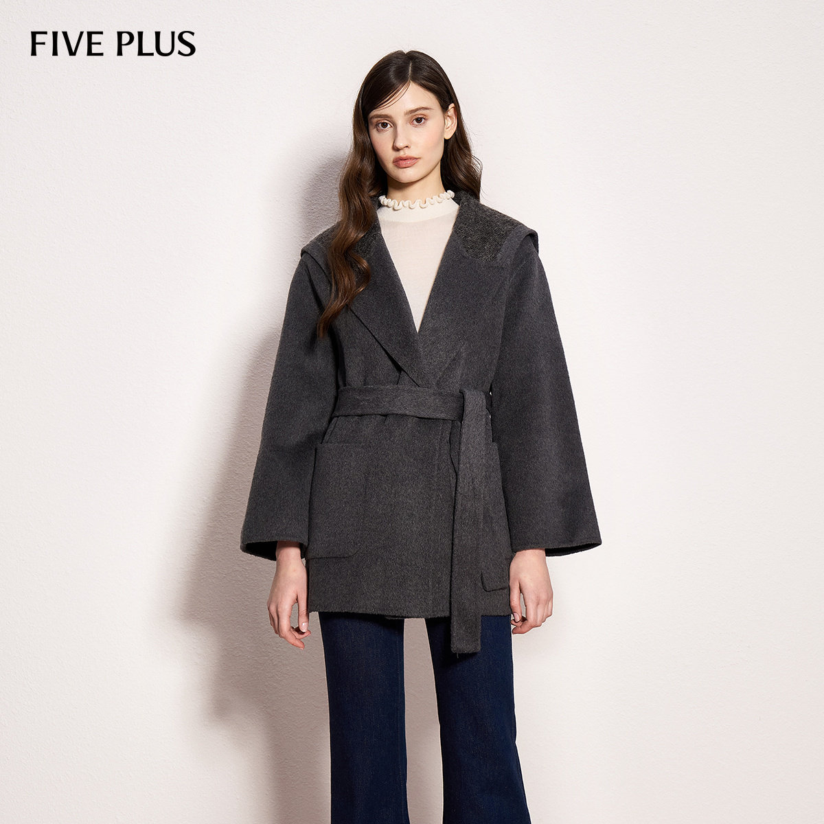 FIVE PLUS双面呢韩系海军领绑带一粒扣羊毛大衣2026新款女春装