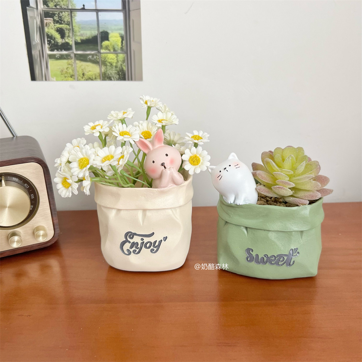 可爱动物桌面笔筒多肉花盆文具收纳创意化妆刷收纳桶办公室摆件