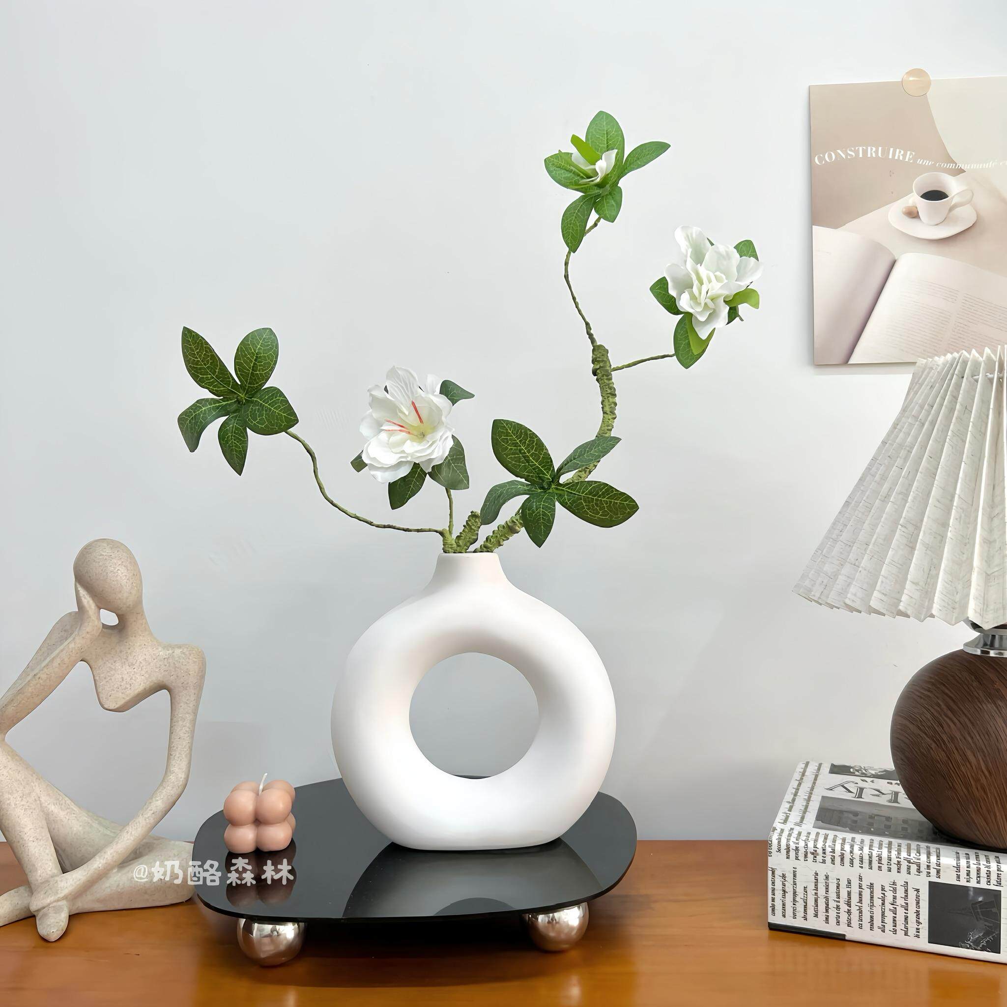 ins风甜甜圈素烧陶瓷花瓶杜鹃花 北欧花器摆件玄关客厅家居花艺