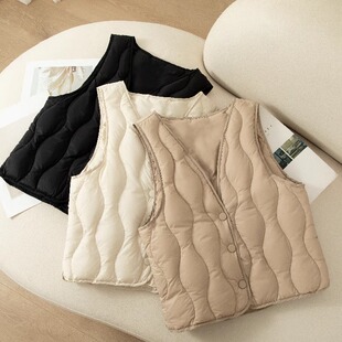 马夹保暖内胆背心配大衣 羽绒丝马甲女V领轻薄短无袖 2024冬季 新款