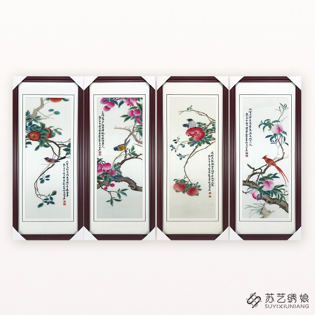 苏绣成品挂画手工刺绣精品客厅背景墙装饰挂画花鸟桃子刺绣别墅画