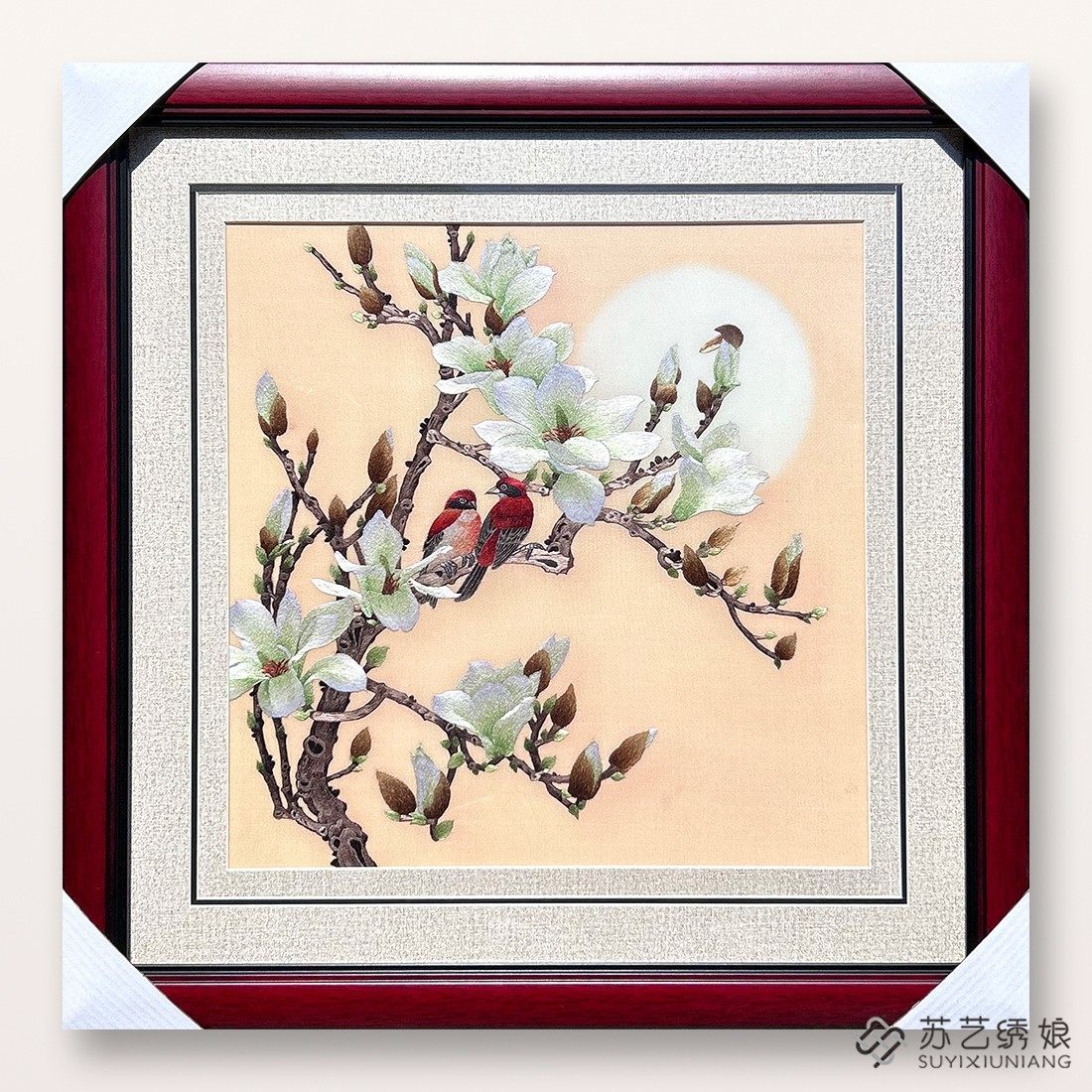 苏绣成品挂画手工刺绣精品玉兰花花鸟客厅卧室书房挂画玉兰花刺绣