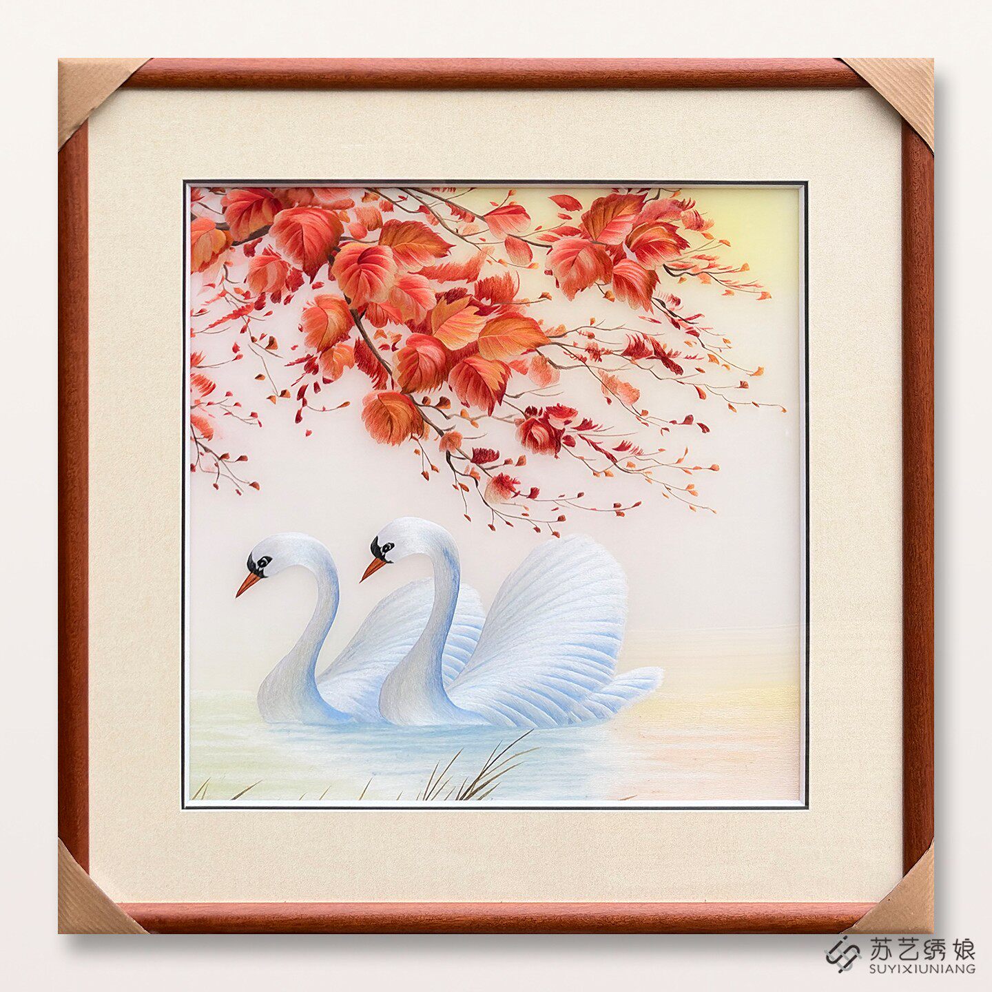 苏绣成品挂画手工刺绣精品红枫天鹅送朋友结婚礼物挂画客厅卧室画