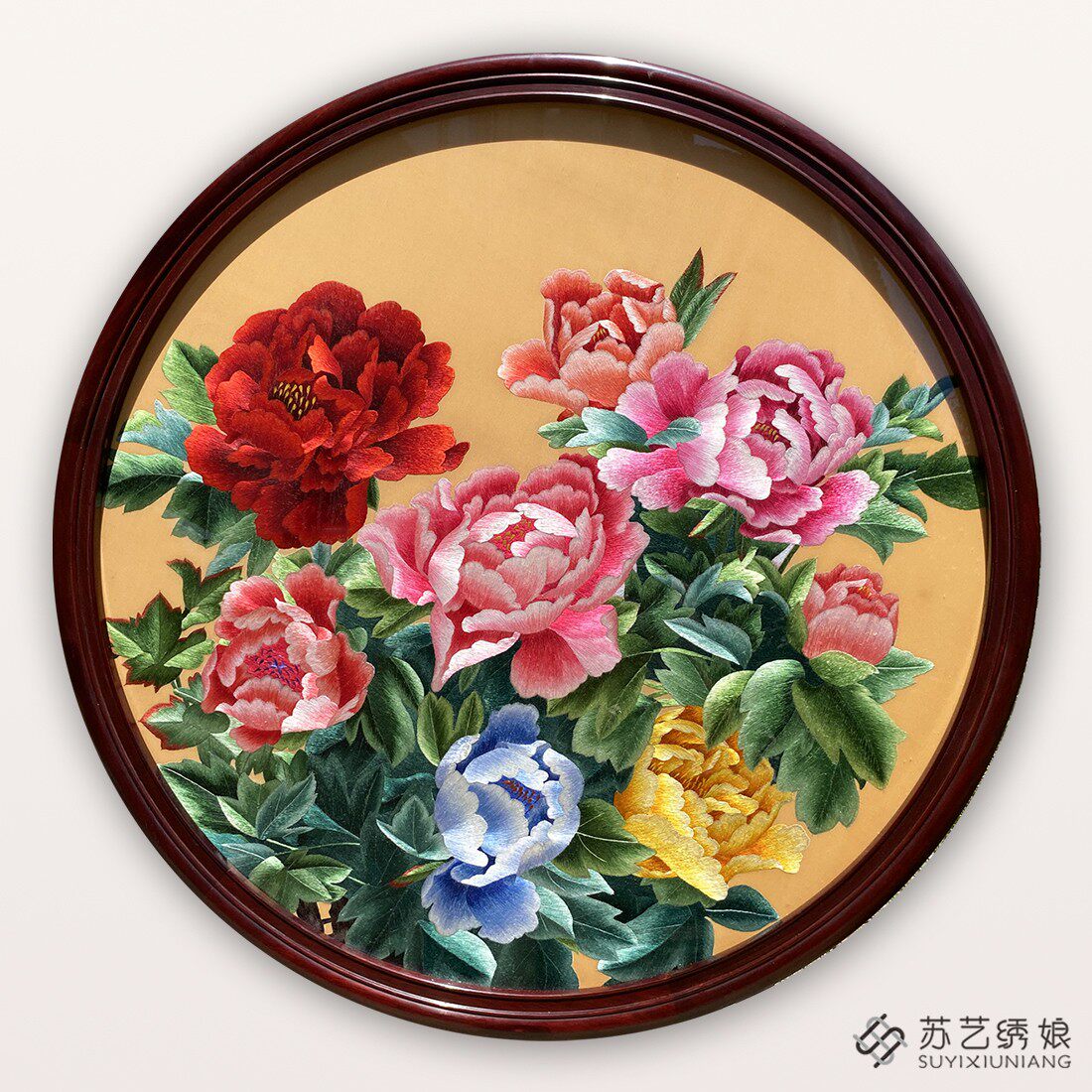 客厅红木框玄关牡丹苏绣精品