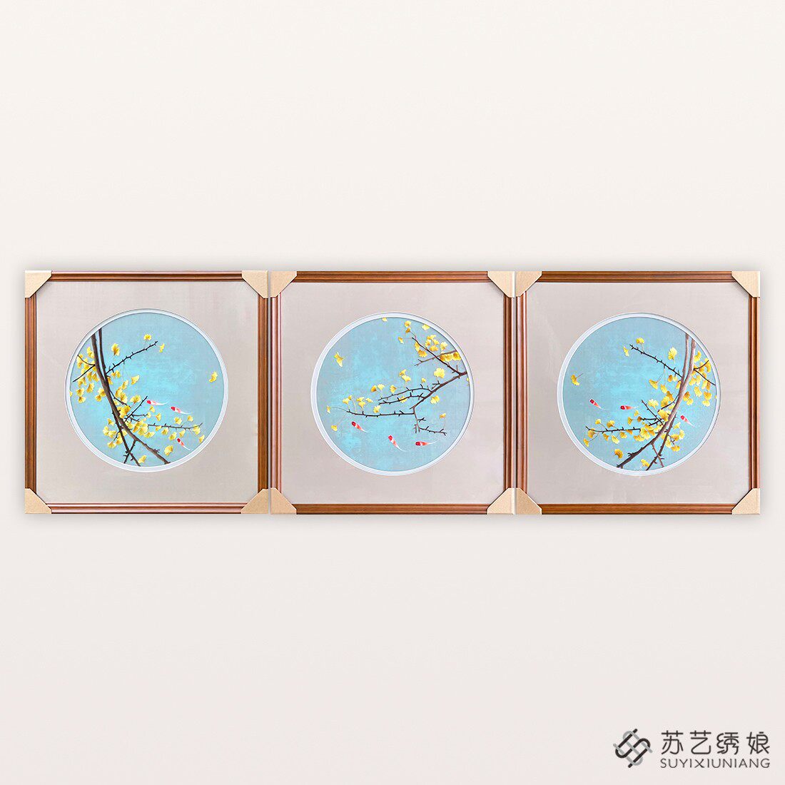 苏绣成品挂画手工刺绣精品银杏叶鲤鱼客厅沙发墙三联画银杏叶鲤鱼