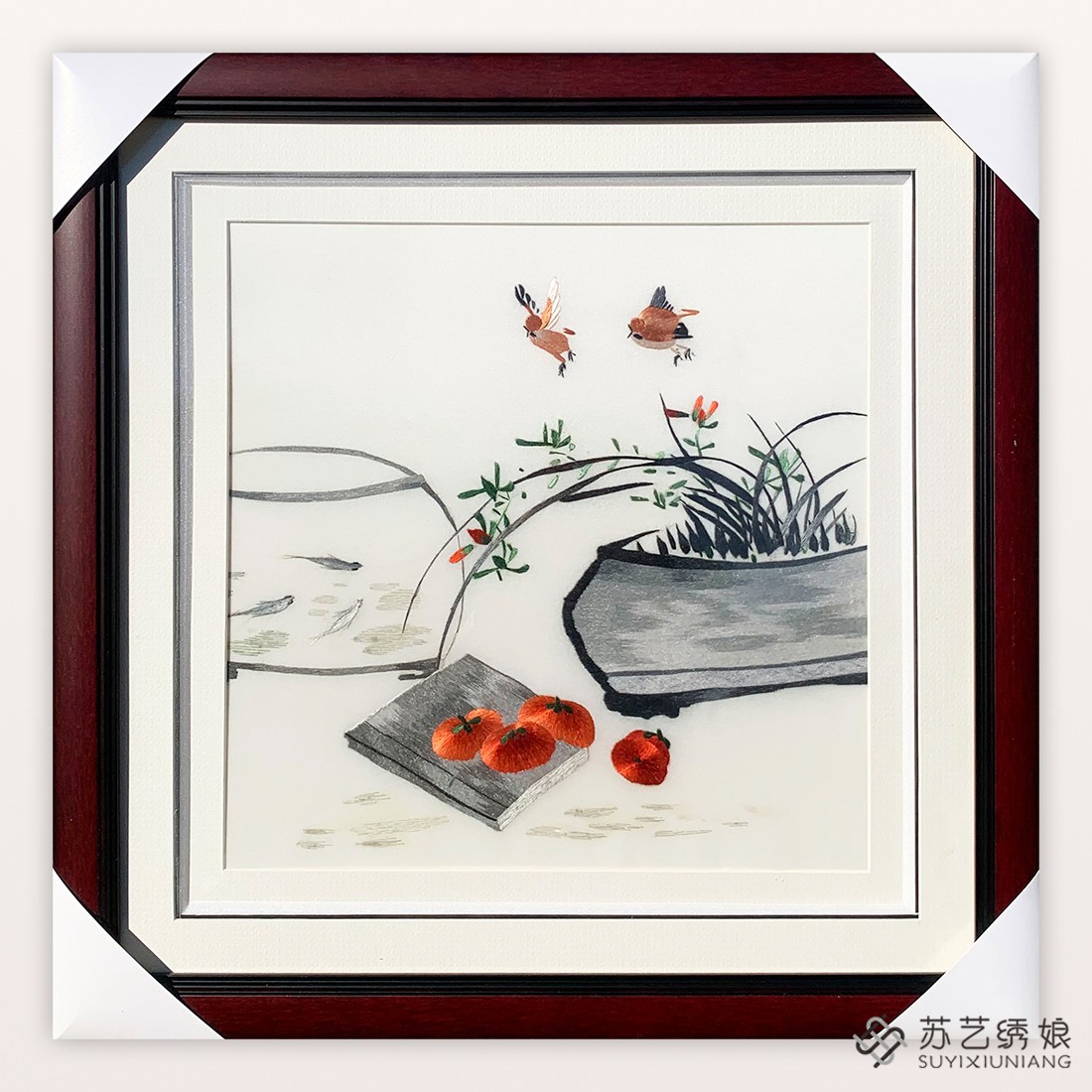 苏绣成品挂画柿子花鸟花坛客厅书房卧室挂画送朋友刺绣礼物挂画