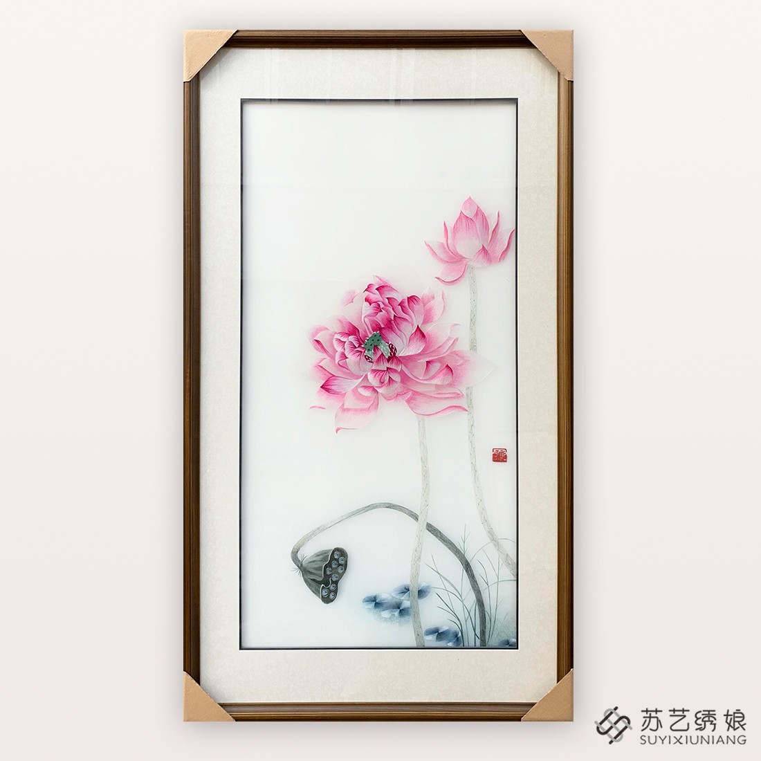 苏绣成品挂画荷花手工刺绣精品大幅玄关装饰挂画送朋友刺绣礼物画图片