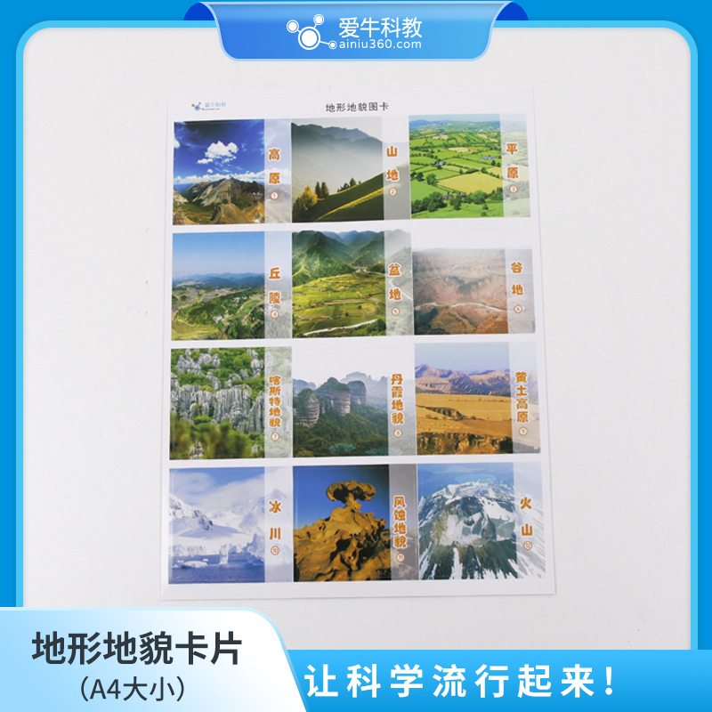 小学科学地形地貌卡片A4大小一张已开模