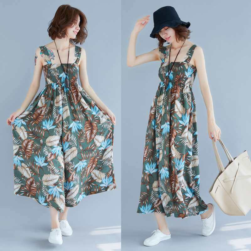 2019 Spring and summer straps Nine points Jumpsuits Broad leg Casual skirts Women's wear Leaf printing Large Easy By agein the Women's clothing/Boutique , Pants , Casual pants  category - from Buy2taobao.com to provide professional Taobao agent buy service