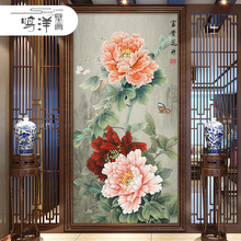 3d花开富贵中式牡丹花壁画竖版玄关装饰挂画走廊过道入户墙布壁纸
