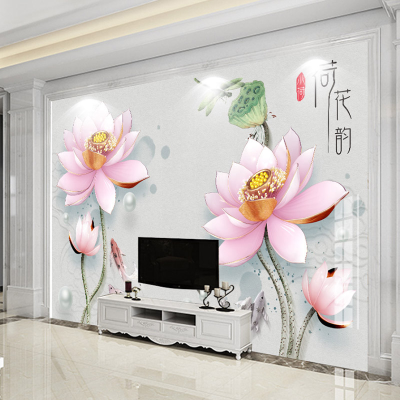 8d凹凸荷花电视背景墙壁画现代5d凹凸花鸟壁纸3d体新中式墙纸壁布