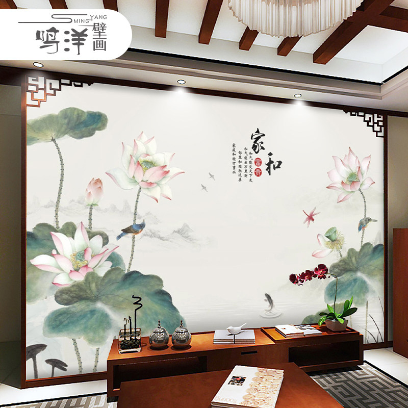 现代中式荷花3d立体电视背景墙壁纸客厅沙发大气家和装饰墙纸壁画