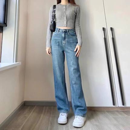 复古蓝窄版直筒牛仔裤女2024年秋冬新款加绒高腰小个子烟管拖地裤
