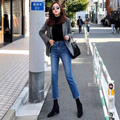 九分深蓝直筒牛仔裤 女2024秋冬加绒显瘦高腰蓝色八分小个子烟管裤