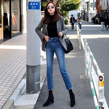 九分深蓝直筒牛仔裤女2024秋冬加绒显瘦高腰蓝色八分小个子烟管裤