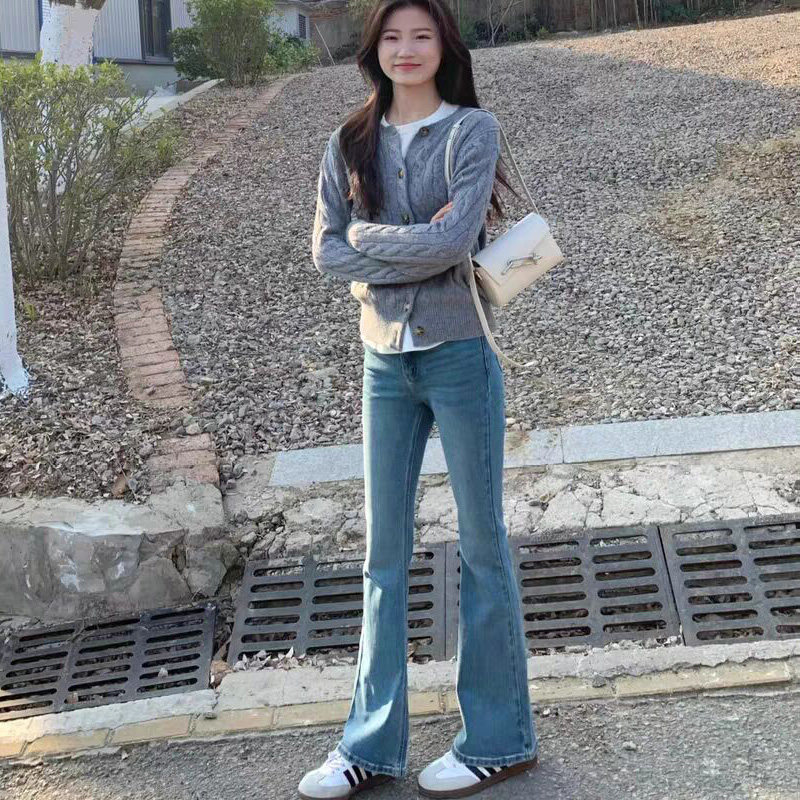 复古蓝色微喇叭牛仔裤女2026年新款秋季高腰显瘦小个子拖地马蹄裤