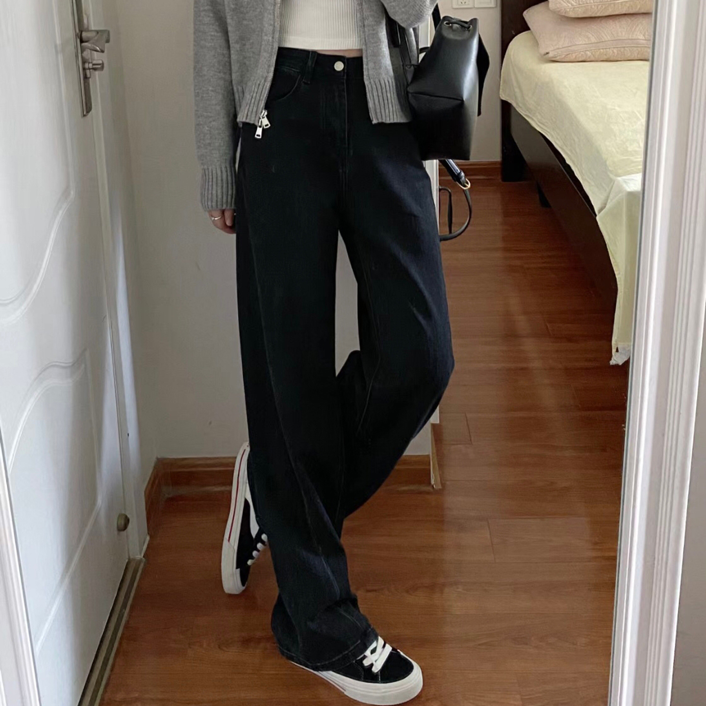 黑色直筒牛仔裤女法棍拖地裤长裤