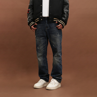 美式 直筒休闲裤 复古现货 VINTAGE基础重磅水洗做旧破坏牛仔裤 FAKE