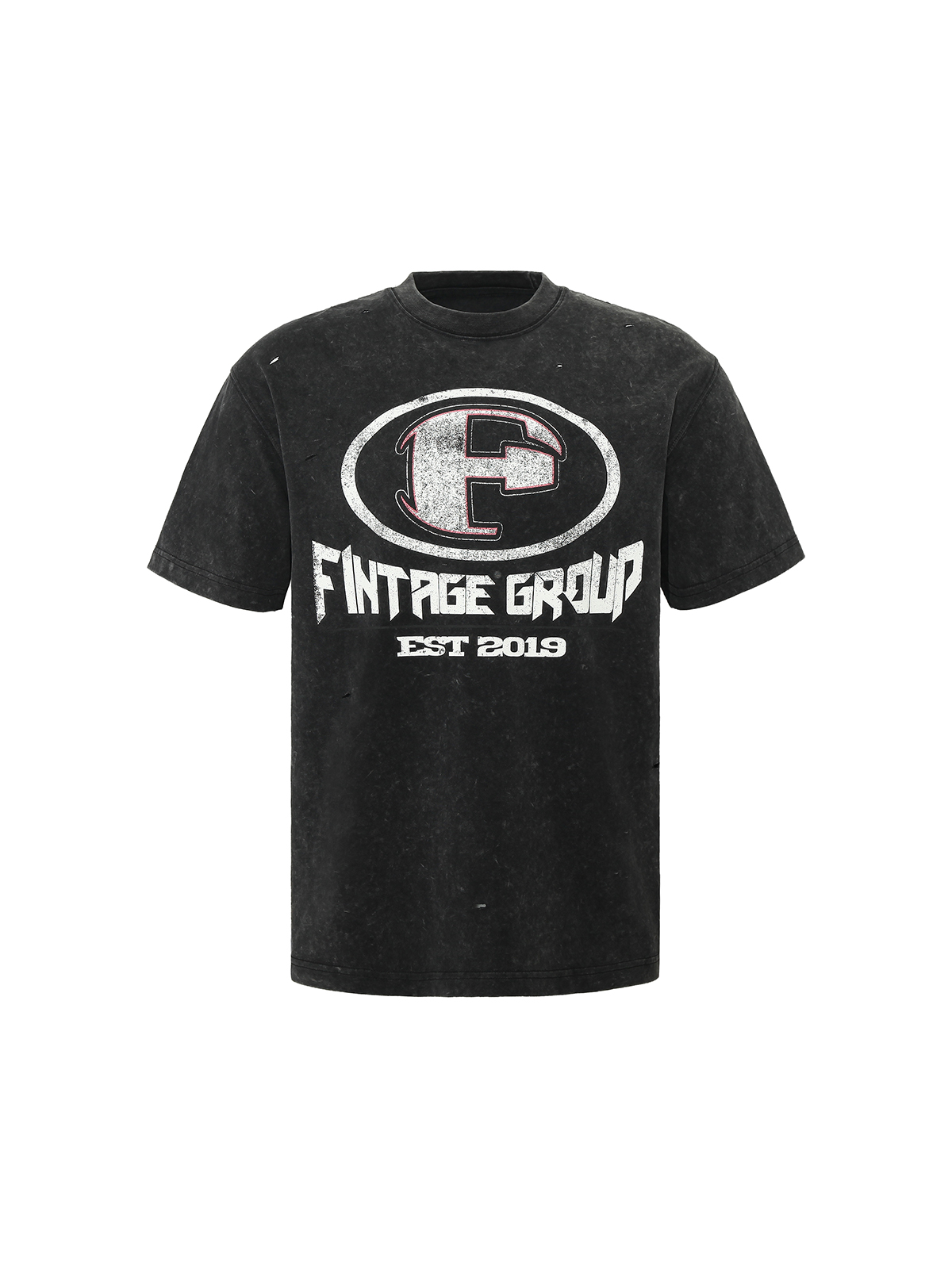 FINTAGE F金属logo乐队水洗短袖 美式复古大幅印花潮流乐队圆领