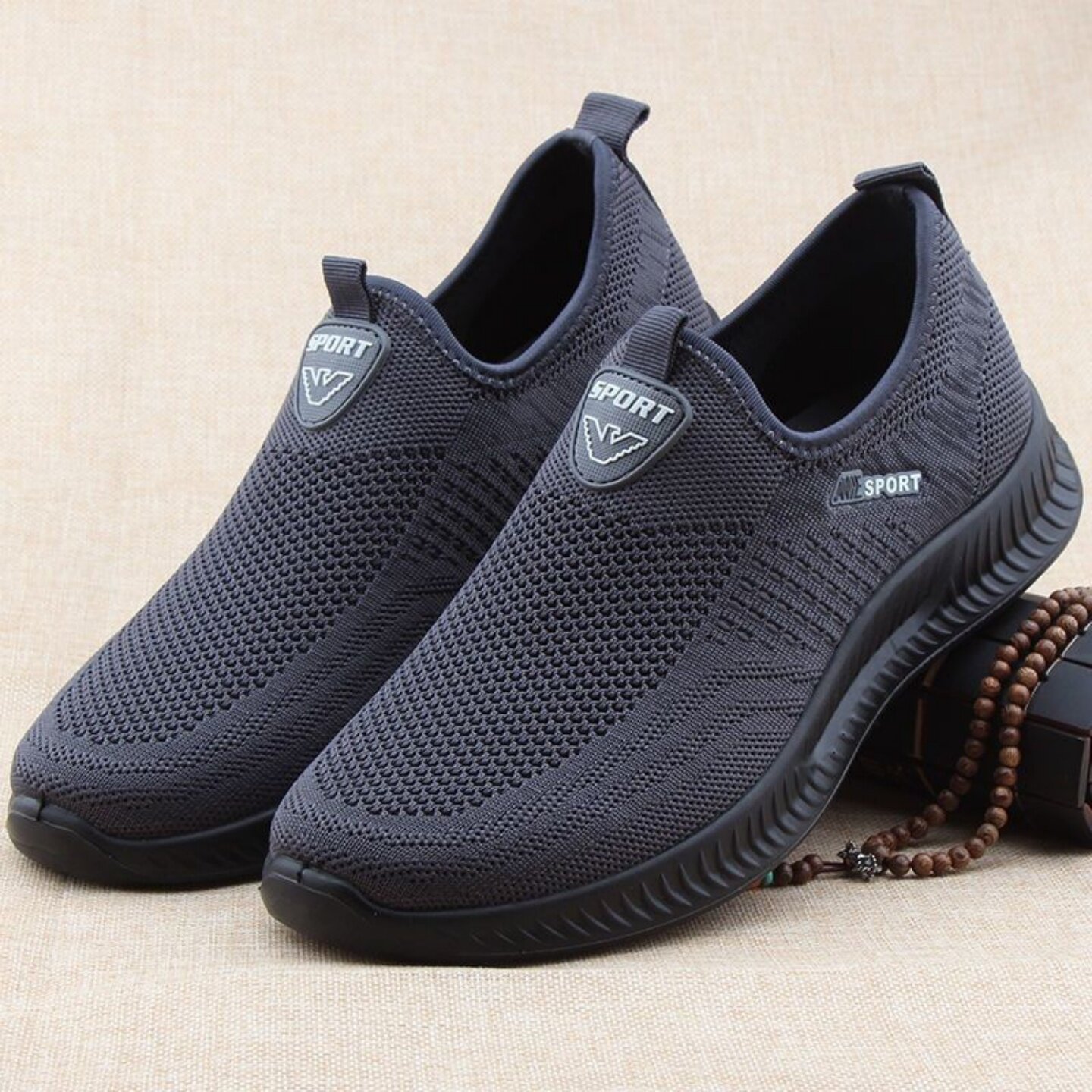 老北京布鞋子男士夏季网面透气一脚蹬健步休闲鞋中老年平底爸爸鞋