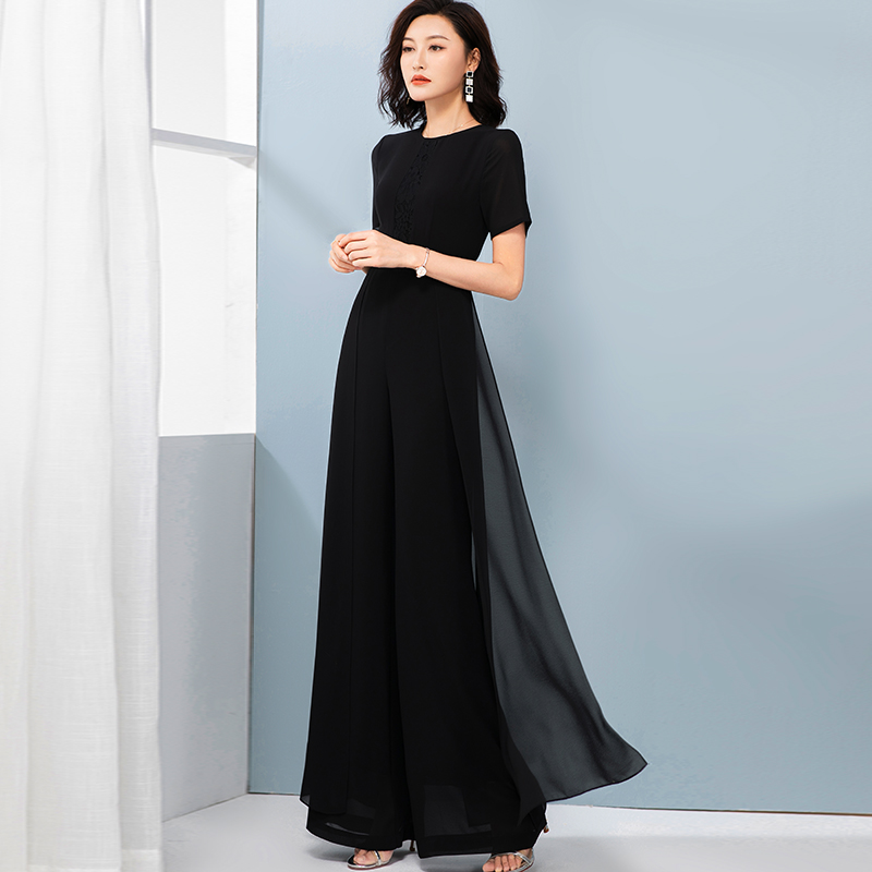 黑色修身显瘦雪纺连体裤女士高腰2025夏季新款收腰减龄阔腿裤长裤