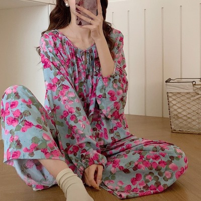 春秋新款大码棉绸睡衣套装女长袖