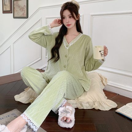 睡衣女士秋冬季海岛绒薄绒套装简约高级感冬天珊瑚绒家居服可外穿