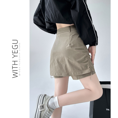 卡其色工装短裙女设计感小众抽绳美式裙裤显瘦高腰A字包臀半身裙