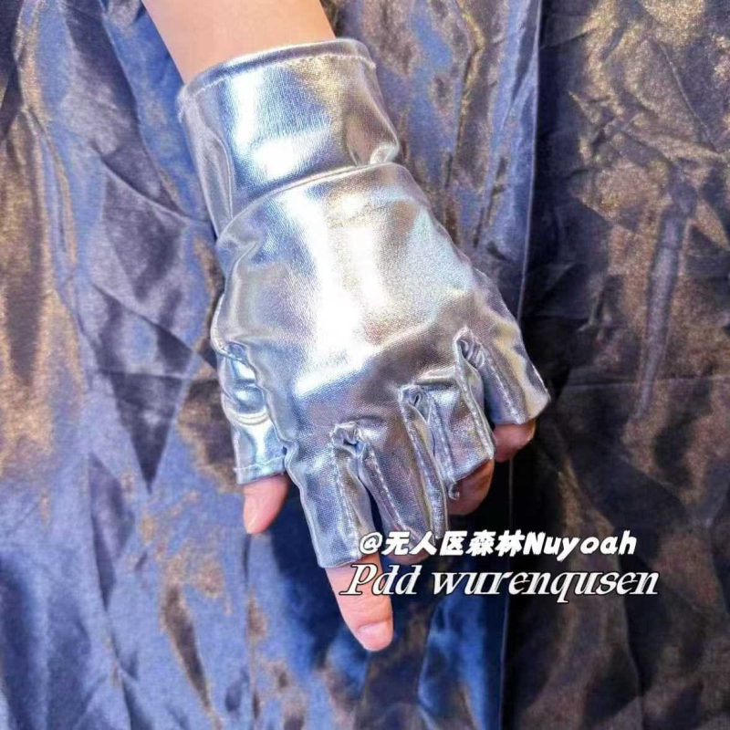 赛博朋克Lolita银色半指手套露指短漆皮袖套配饰废土亚比手演出