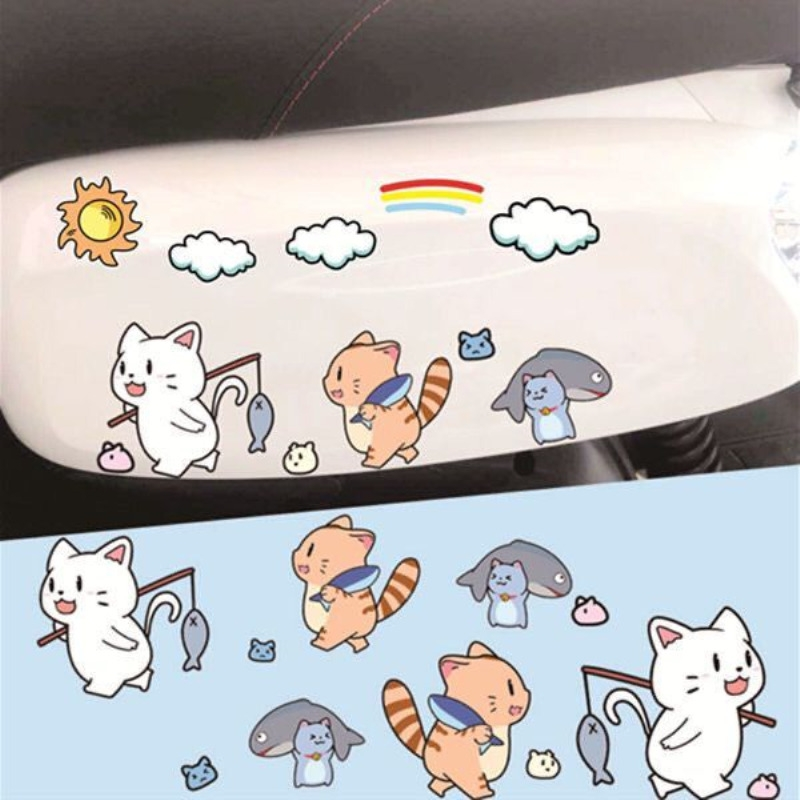 可爱小猫咪钓鱼电动车贴纸划痕遮挡遮盖卡通装饰创意电瓶车摩托车